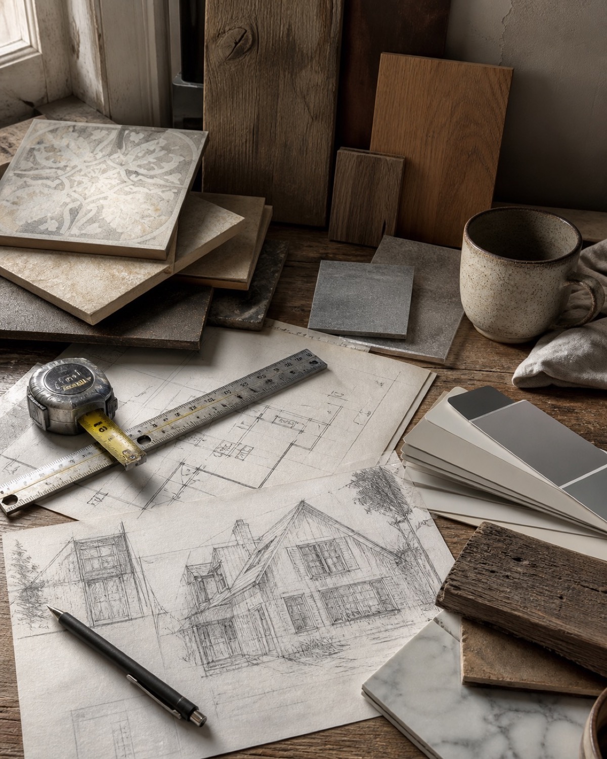 Renovation plans, finish materials, and tools arranged for a home project