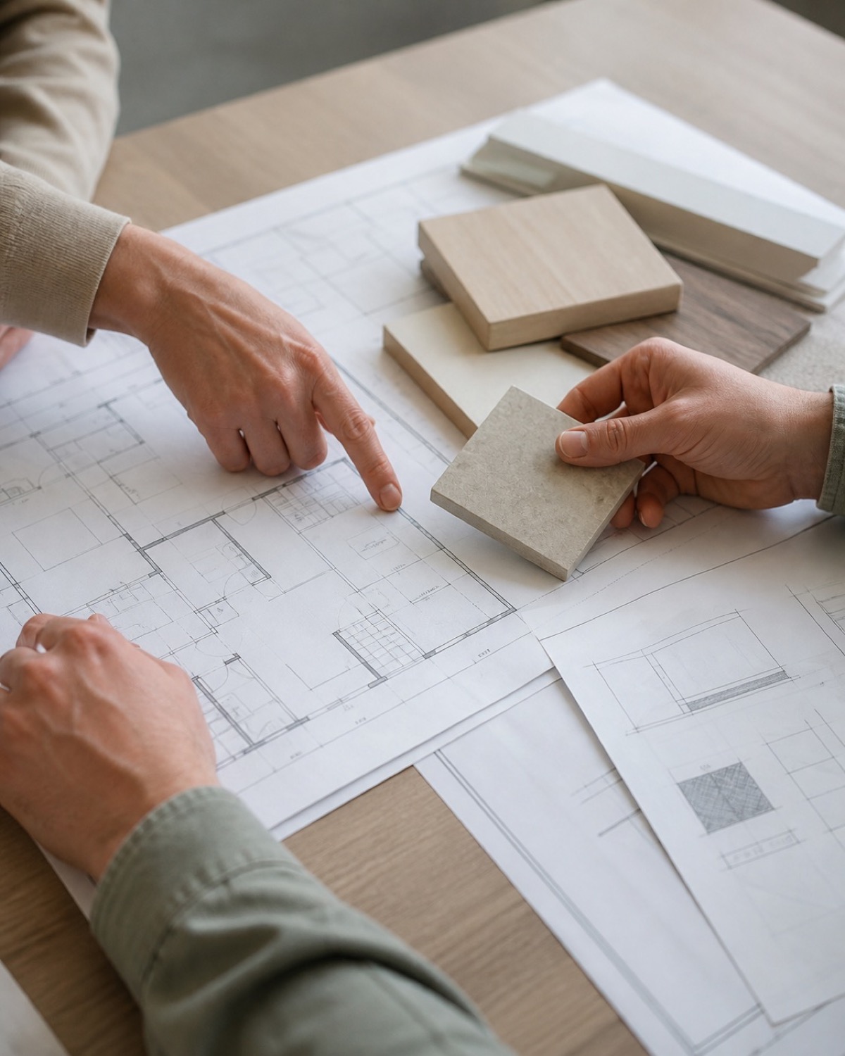 Hands reviewing renovation drawings and material samples at a clean work table