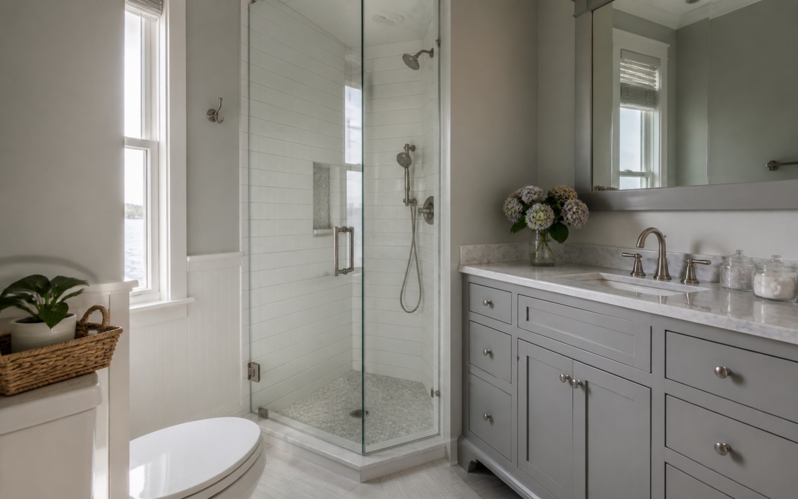 Clean bathroom renovation with vanity, tile, and natural light
