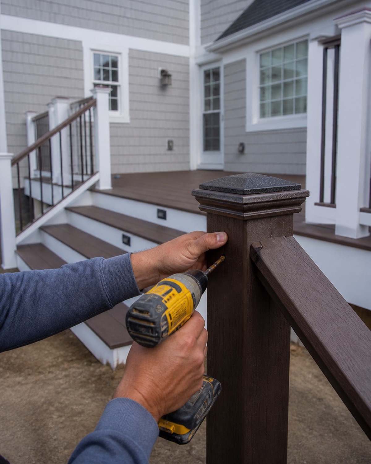 Close-up of deck stairs, rail posts, and careful flashing details