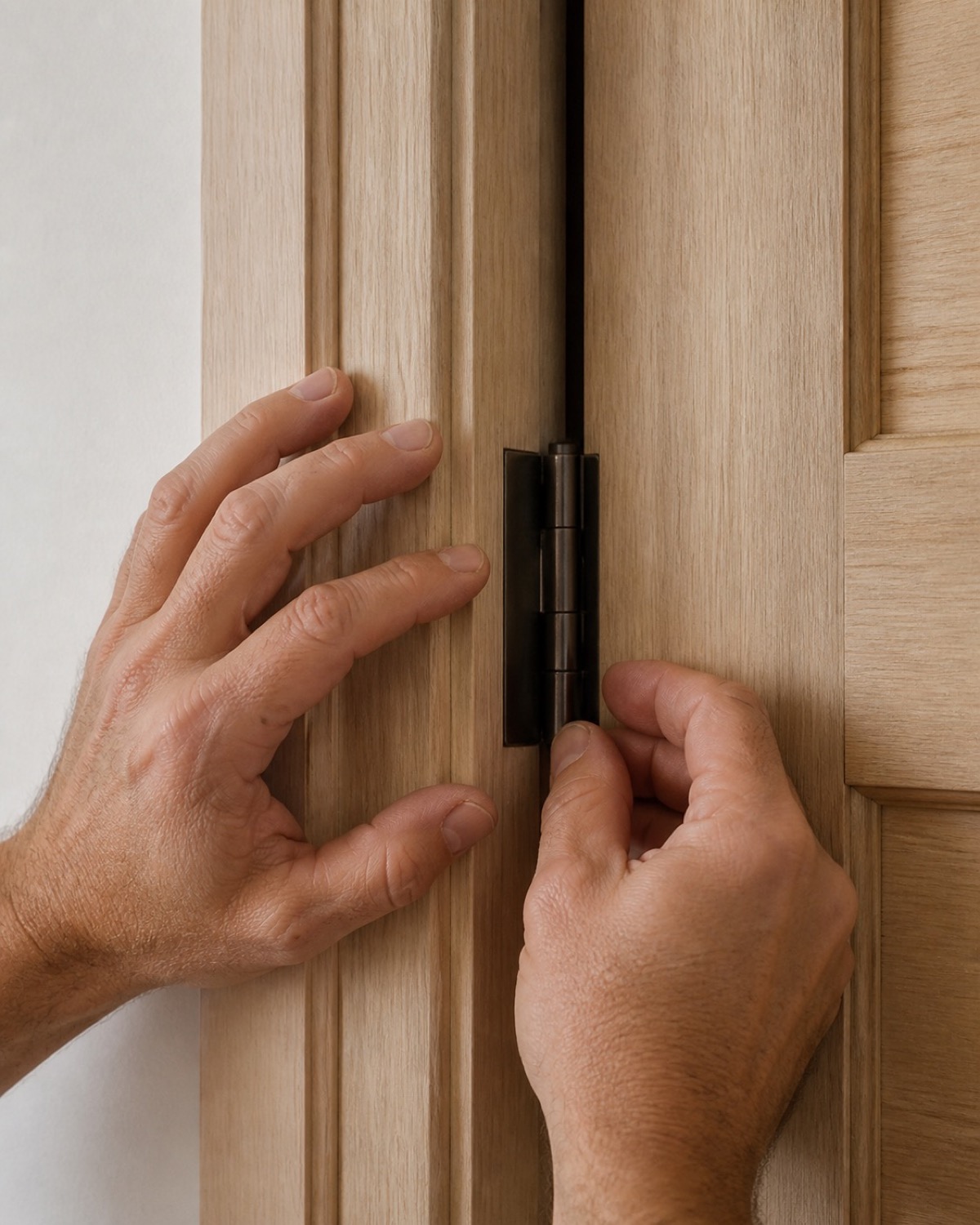 Close-up of aligned hinges, latch, threshold, and finished trim