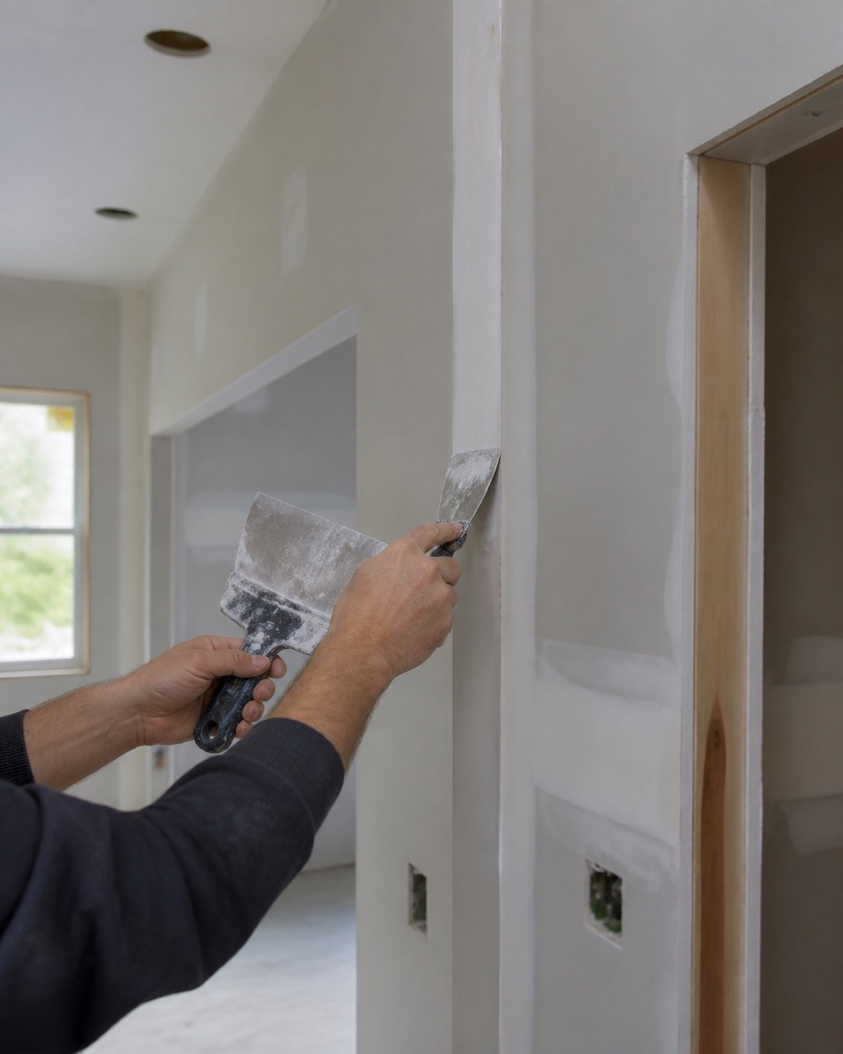 Close-up of clean drywall joints around a window opening
