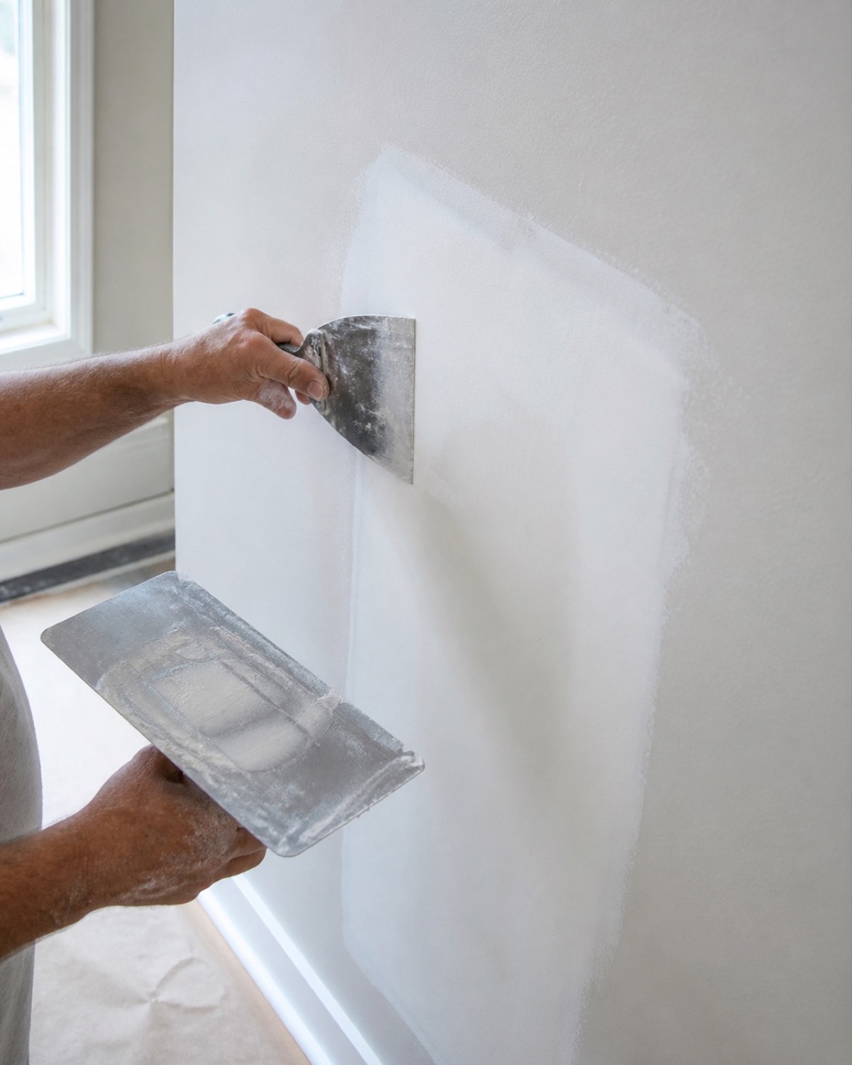 Close-up of smooth drywall patch and feathered joint compound