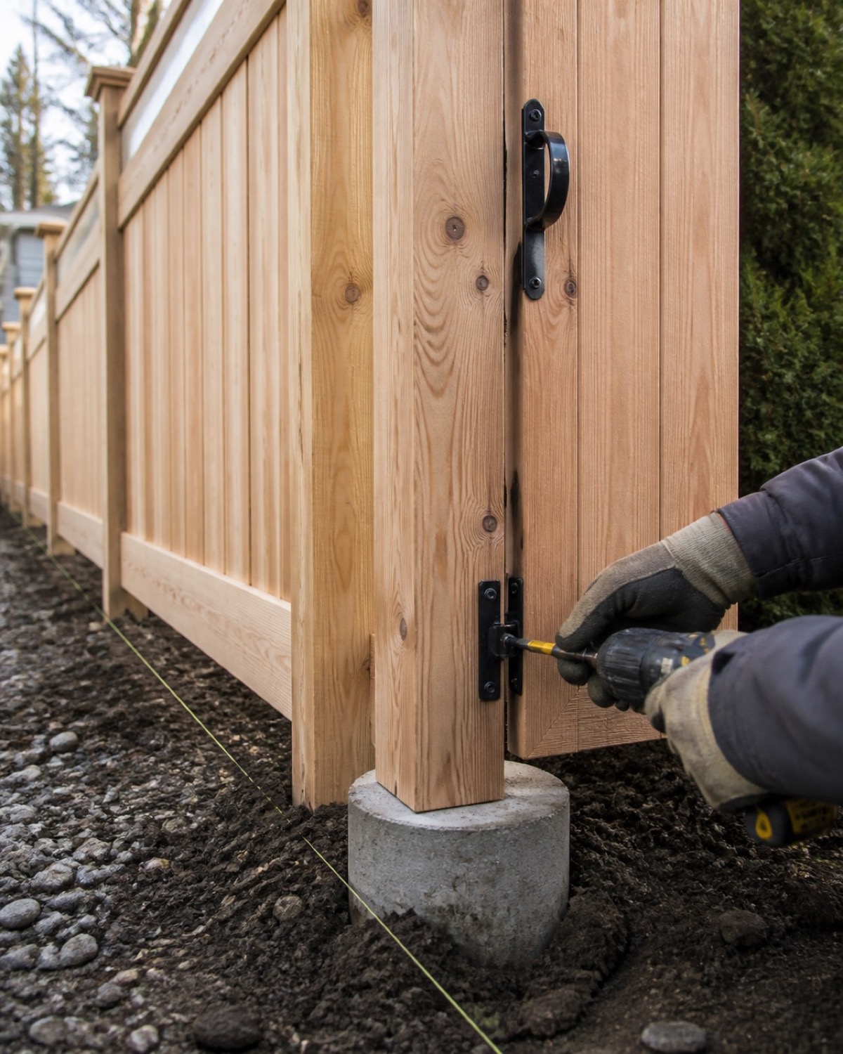Detailed fence gate hardware and clean post installation