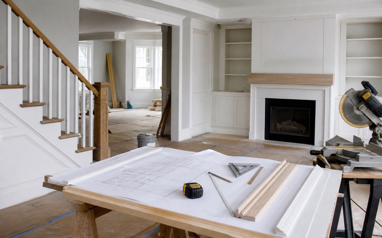 Coordinated home improvement site with tools and materials neatly staged