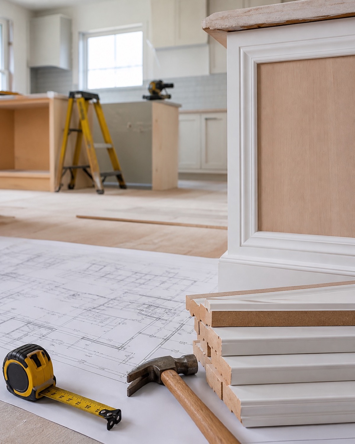 Plans, finish samples, and carpentry details for a residential project