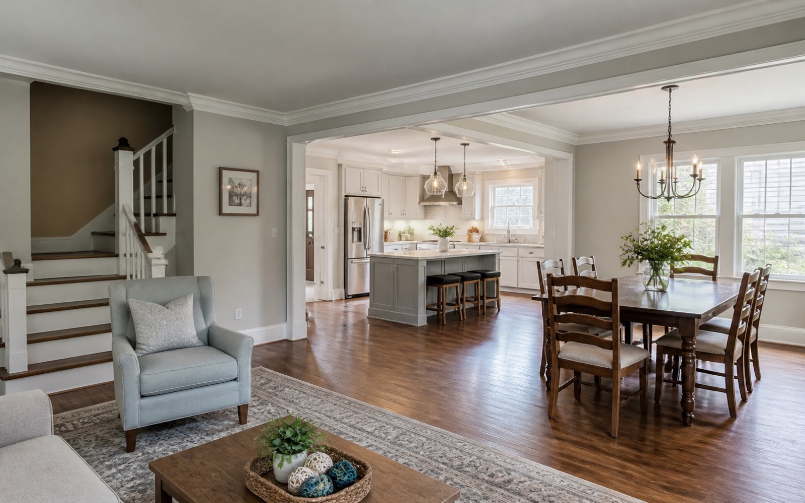 Remodeled living and dining spaces with consistent finishes