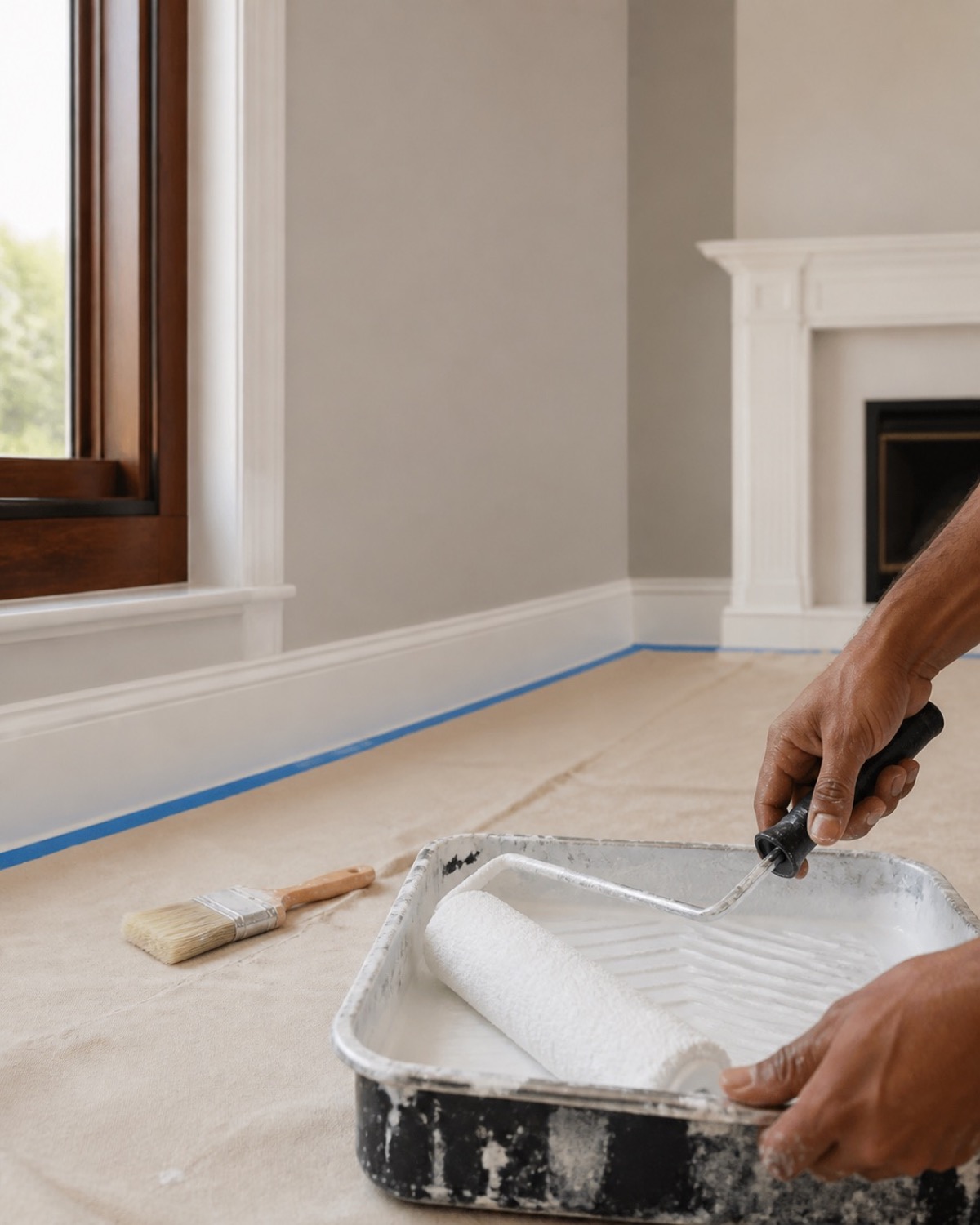 Close-up of smooth painted wall and neatly finished wood trim