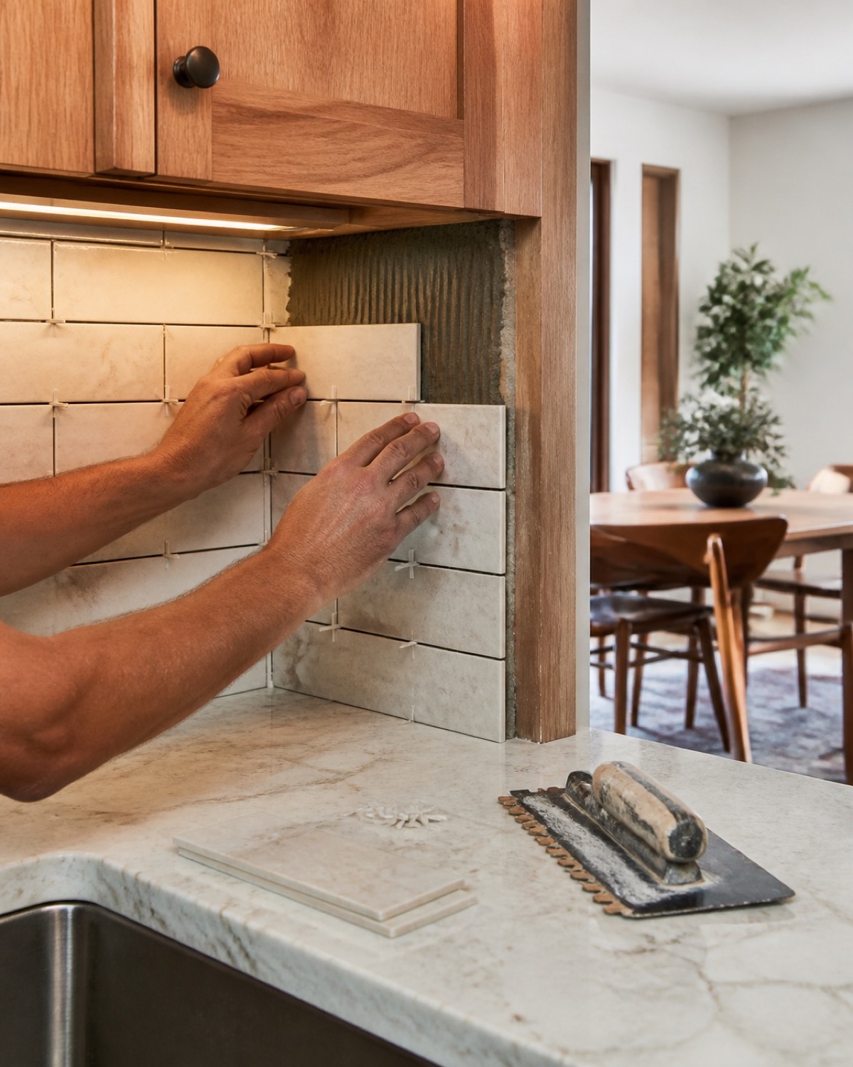 Detailed view of kitchen cabinets, tile backsplash, and finished carpentry