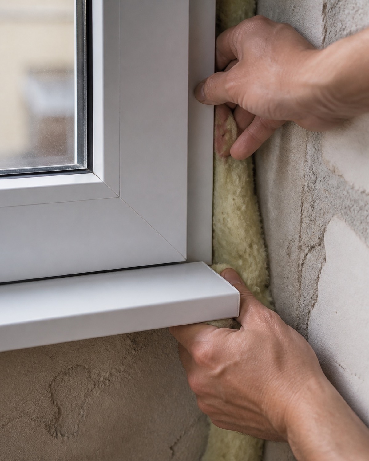 Detailed new window frame, insulation, and interior trim work