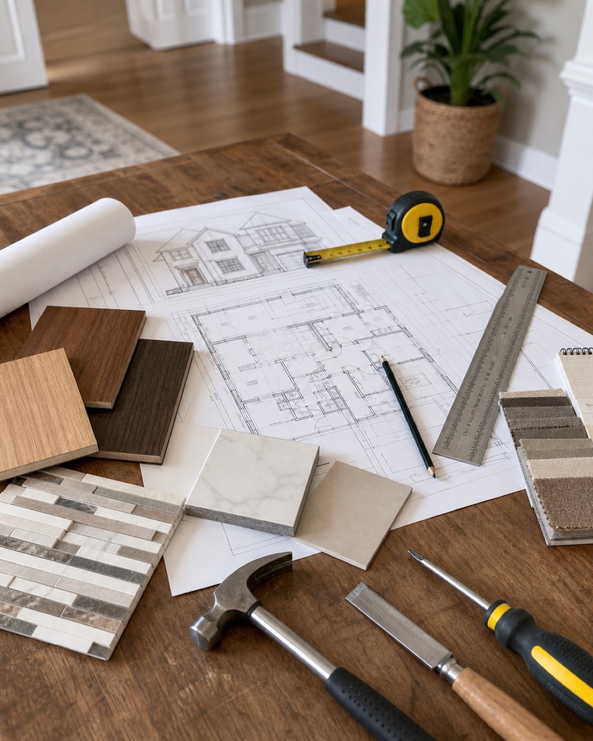 Organized tools and finish materials at a residential renovation site