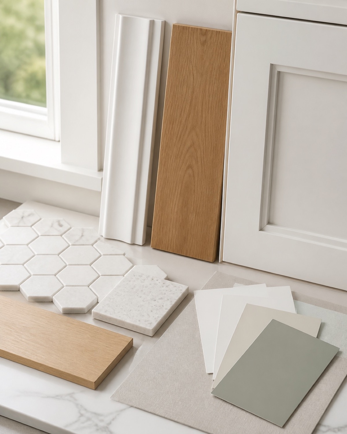 Coordinated home improvement materials and plans on a clean job site